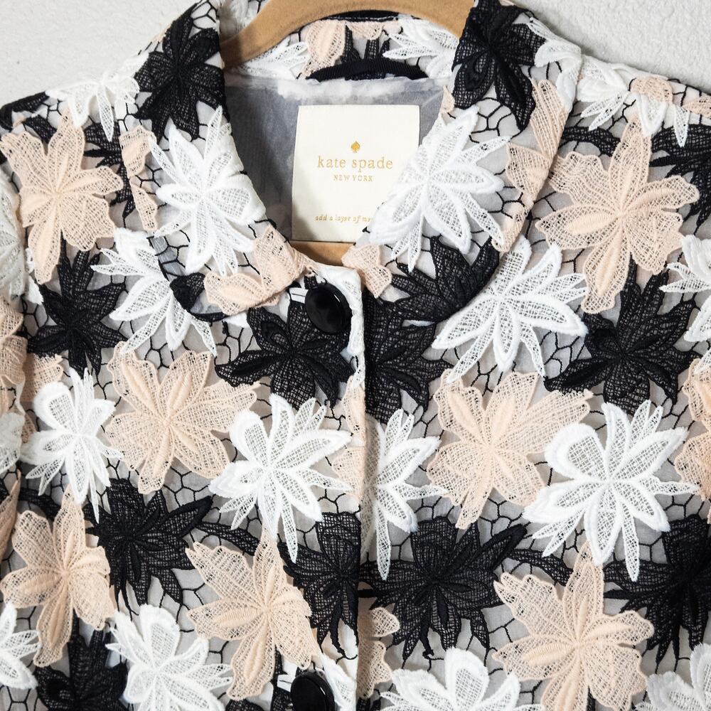 Kate Spade Floral Print Trench Coat Black Cream Size L Modern Classic - Picture 3 of 10